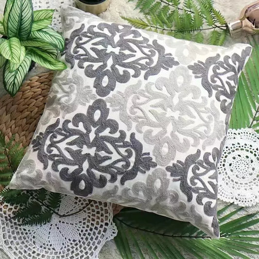 Grey/White Embroideried Cotton Cushion Cover